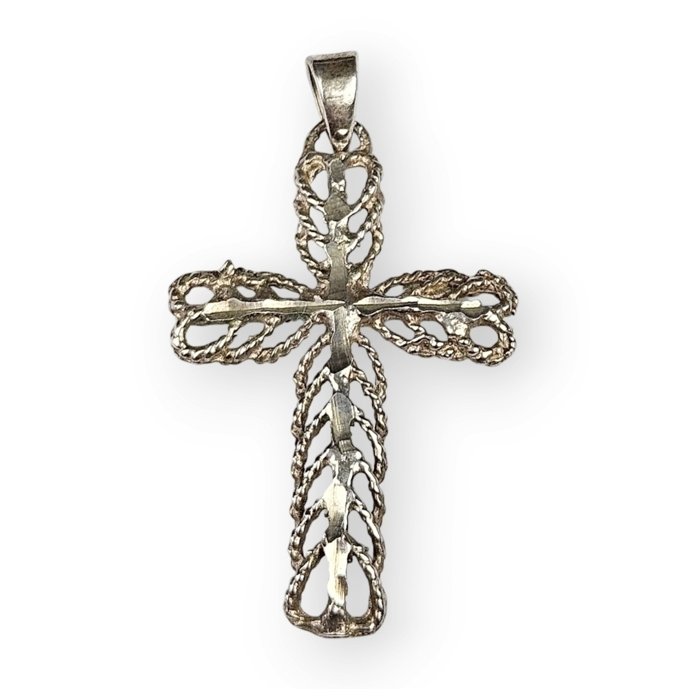 Sterling Cross Crucifix Pendant Diamond Cut Filigree 925 Silver Unisex 1.5" Long